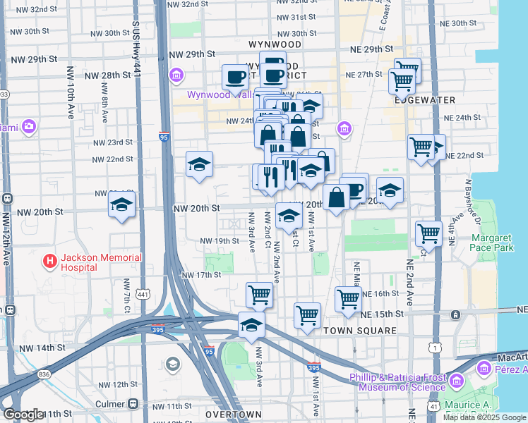 map of restaurants, bars, coffee shops, grocery stores, and more near in Miami