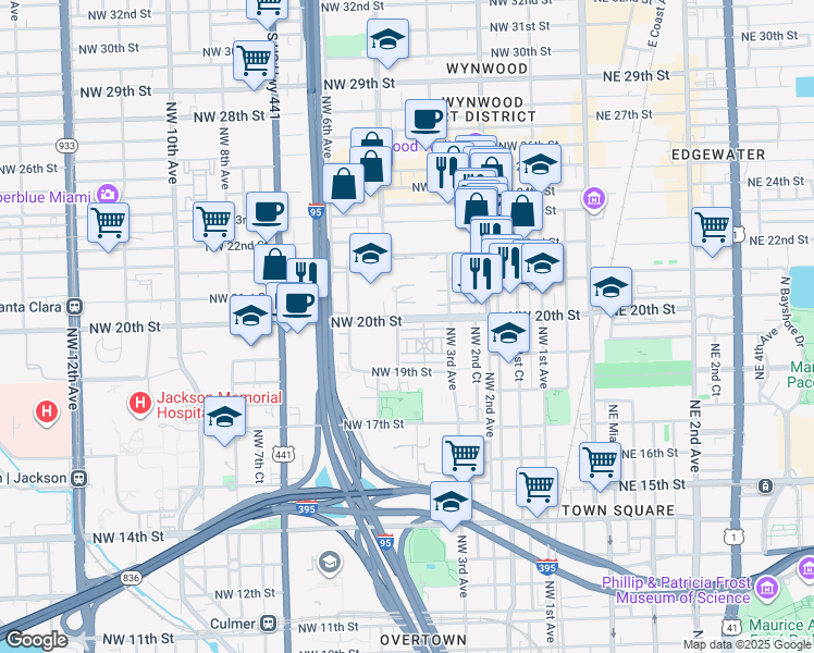 map of restaurants, bars, coffee shops, grocery stores, and more near in Miami