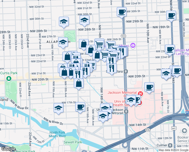 map of restaurants, bars, coffee shops, grocery stores, and more near 1440 Northwest 21st Street in Miami