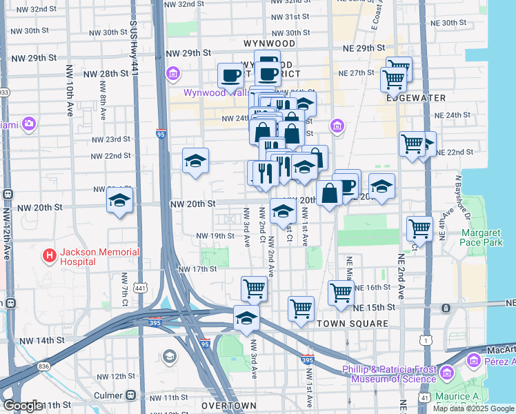map of restaurants, bars, coffee shops, grocery stores, and more near in Miami