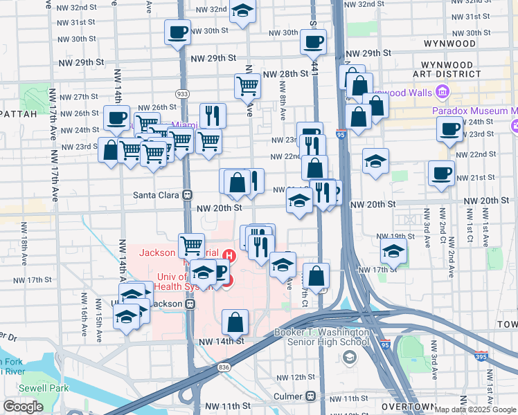 map of restaurants, bars, coffee shops, grocery stores, and more near 950 NW 20th St in Miami