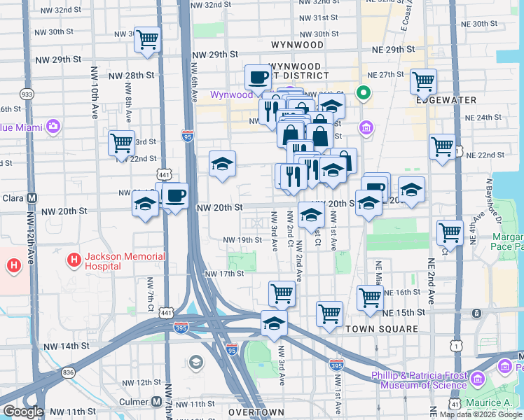 map of restaurants, bars, coffee shops, grocery stores, and more near 21 Northwest 21st Street in Miami