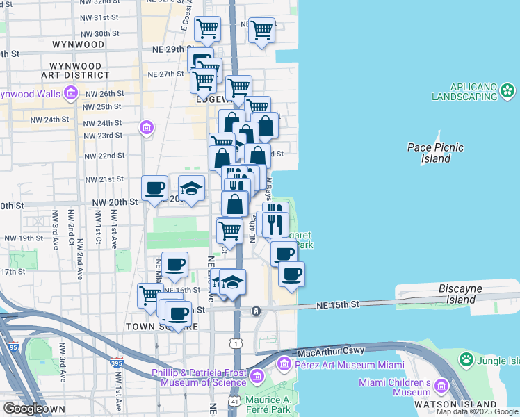 map of restaurants, bars, coffee shops, grocery stores, and more near 419 Northeast 19th Street in Miami