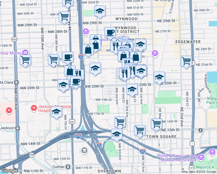 map of restaurants, bars, coffee shops, grocery stores, and more near in Miami
