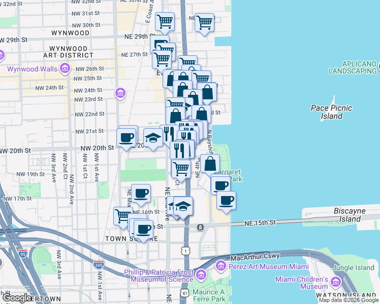 map of restaurants, bars, coffee shops, grocery stores, and more near in Miami