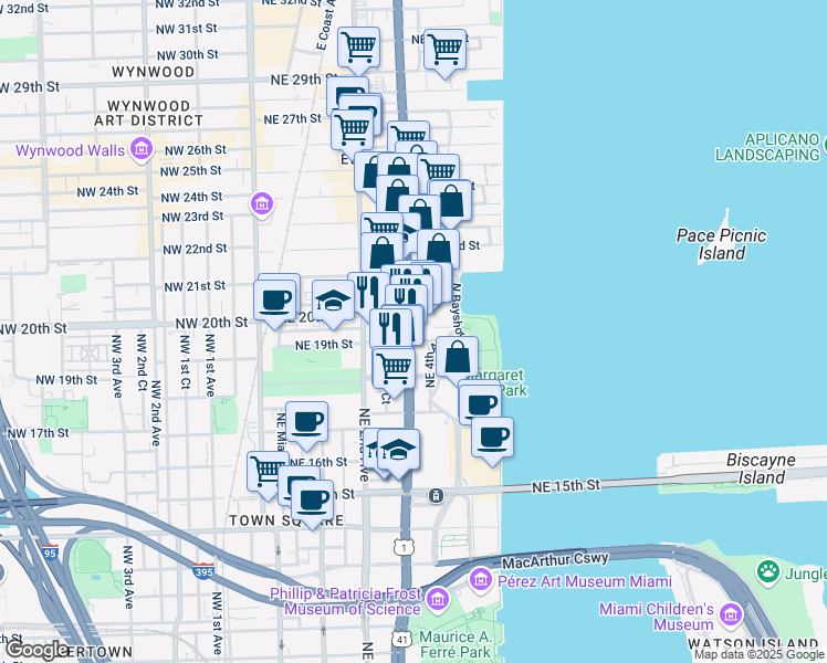 map of restaurants, bars, coffee shops, grocery stores, and more near in Miami