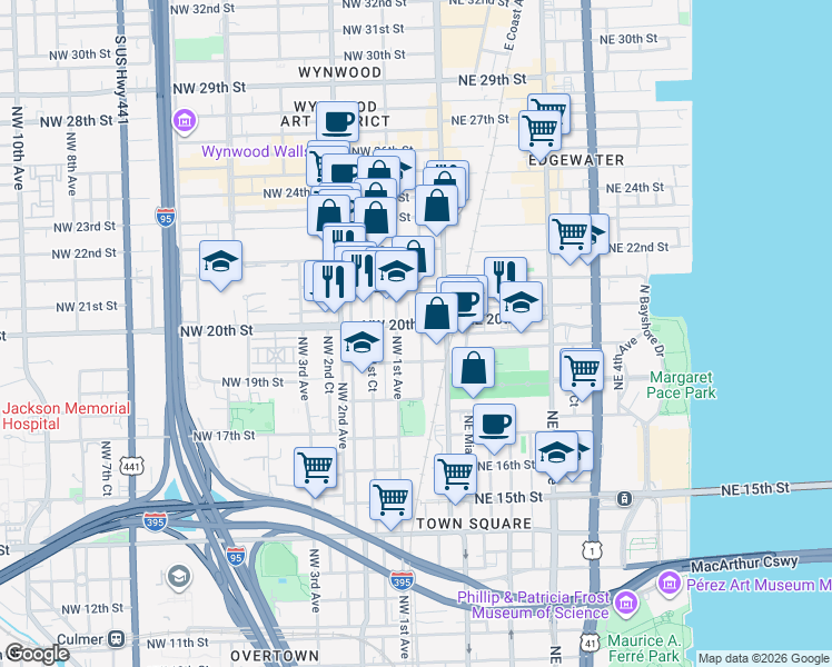 map of restaurants, bars, coffee shops, grocery stores, and more near in Miami