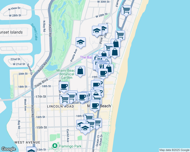 map of restaurants, bars, coffee shops, grocery stores, and more near 1925 Liberty Avenue in Miami Beach
