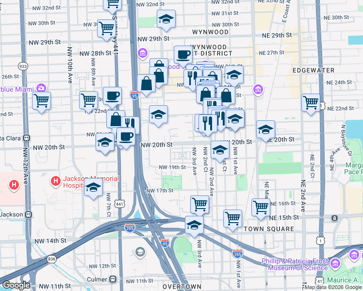 map of restaurants, bars, coffee shops, grocery stores, and more near in Miami