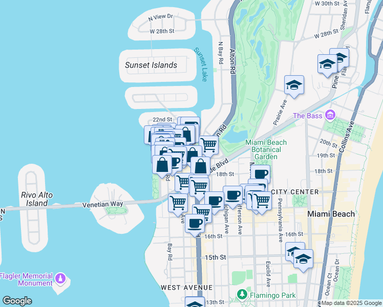map of restaurants, bars, coffee shops, grocery stores, and more near 106 20th Street in Miami Beach