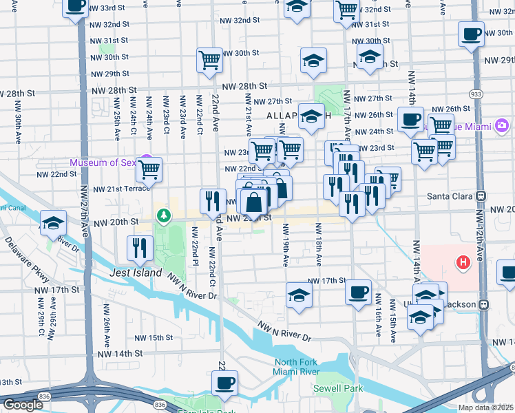 map of restaurants, bars, coffee shops, grocery stores, and more near 2080 Northwest 21st Street in Miami