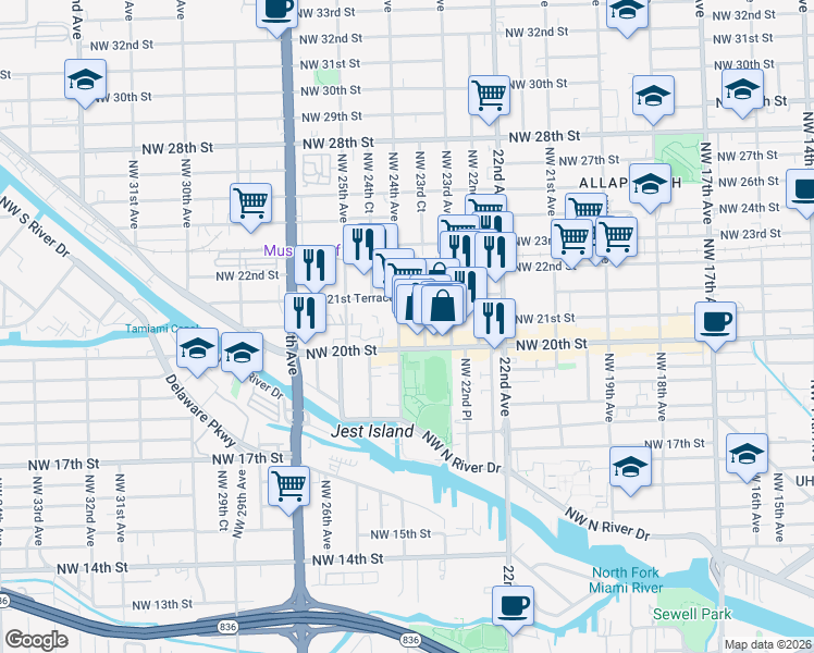 map of restaurants, bars, coffee shops, grocery stores, and more near 2090 Northwest 23rd Avenue in Miami