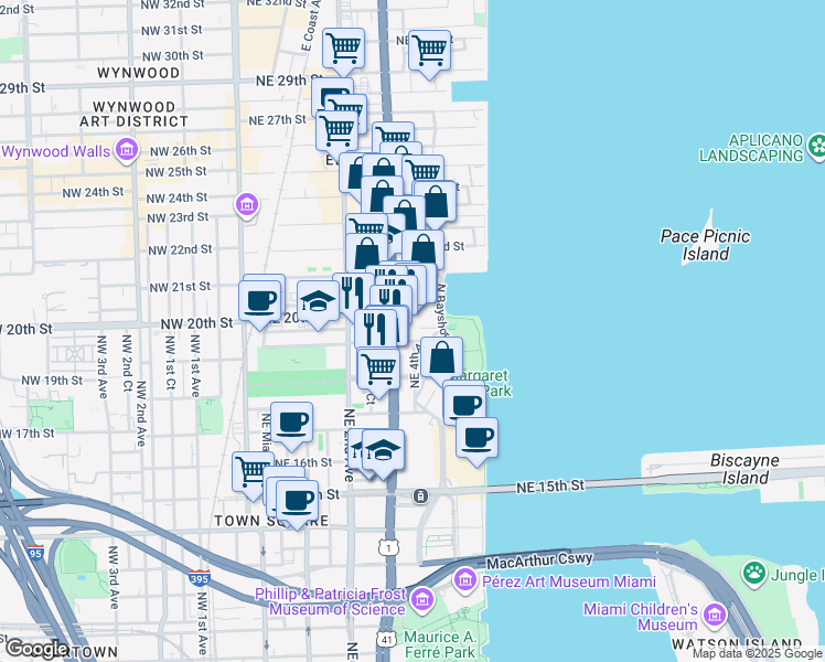 map of restaurants, bars, coffee shops, grocery stores, and more near 2001 Biscayne Boulevard in Miami