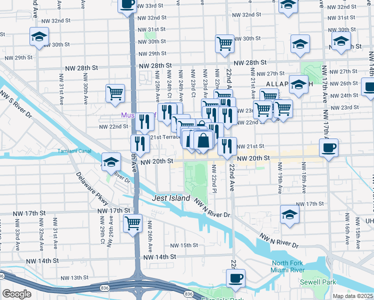 map of restaurants, bars, coffee shops, grocery stores, and more near 2090 Northwest 23rd Avenue in Miami