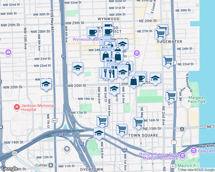 map of restaurants, bars, coffee shops, grocery stores, and more near in Miami