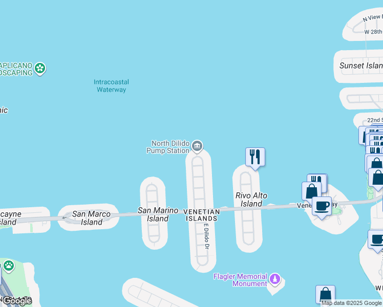 map of restaurants, bars, coffee shops, grocery stores, and more near 830 West Dilido Drive in Miami Beach