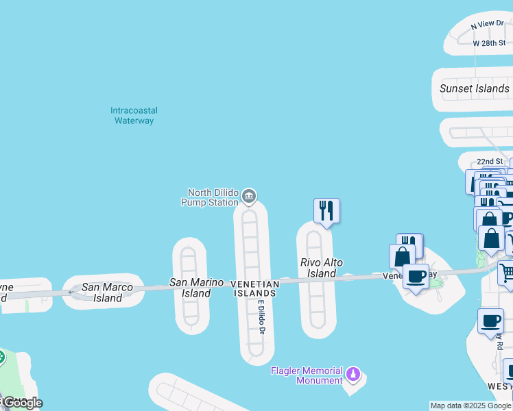 map of restaurants, bars, coffee shops, grocery stores, and more near 835 East Dilido Drive in Miami Beach