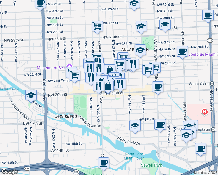 map of restaurants, bars, coffee shops, grocery stores, and more near 2121-2199 NW 21st St in Miami