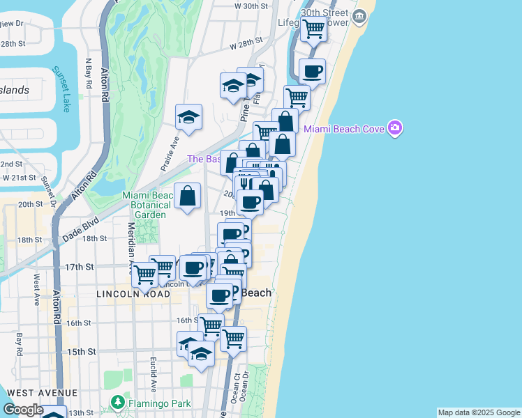 map of restaurants, bars, coffee shops, grocery stores, and more near 100 21st Street in Miami Beach