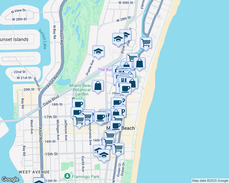 map of restaurants, bars, coffee shops, grocery stores, and more near 1935 Park Avenue in Miami Beach