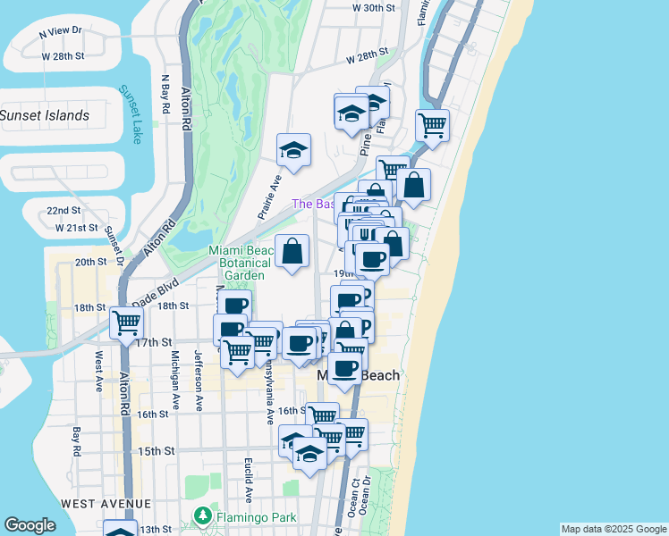 map of restaurants, bars, coffee shops, grocery stores, and more near 1935 Park Avenue in Miami Beach