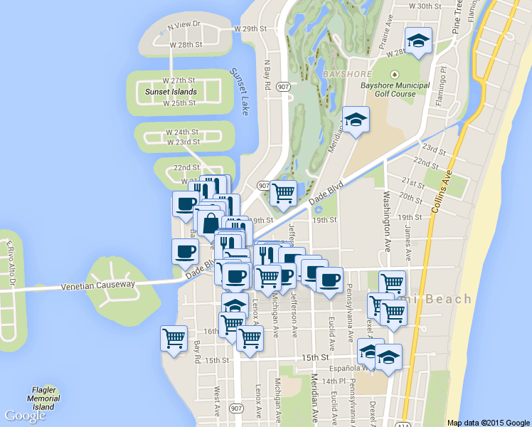 map of restaurants, bars, coffee shops, grocery stores, and more near 1932 Michigan Avenue in Miami Beach