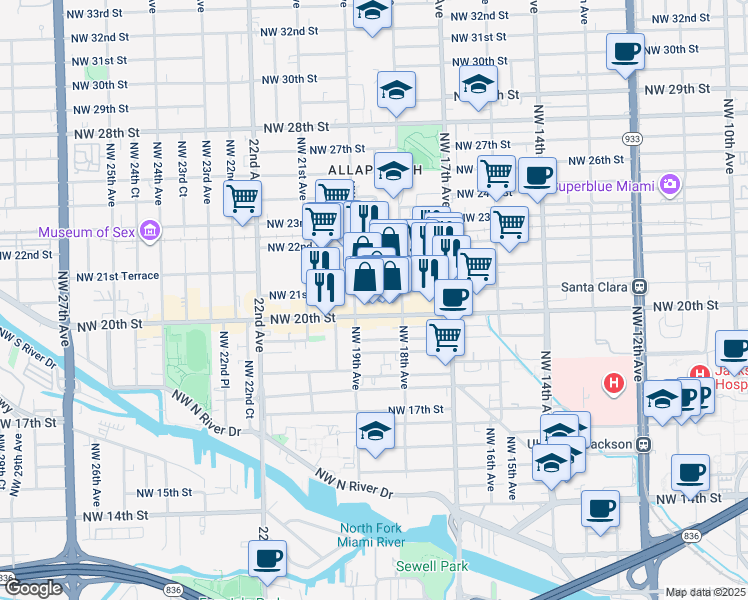 map of restaurants, bars, coffee shops, grocery stores, and more near 1828 Northwest 21st Street in Miami