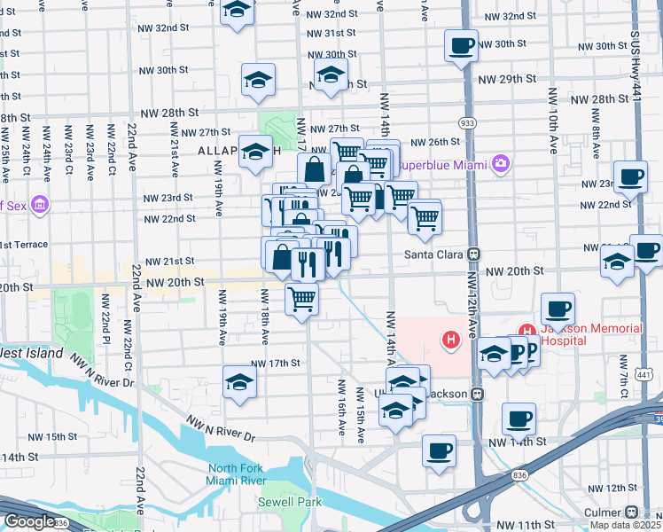 map of restaurants, bars, coffee shops, grocery stores, and more near 1500 Northwest 21st Street in Miami