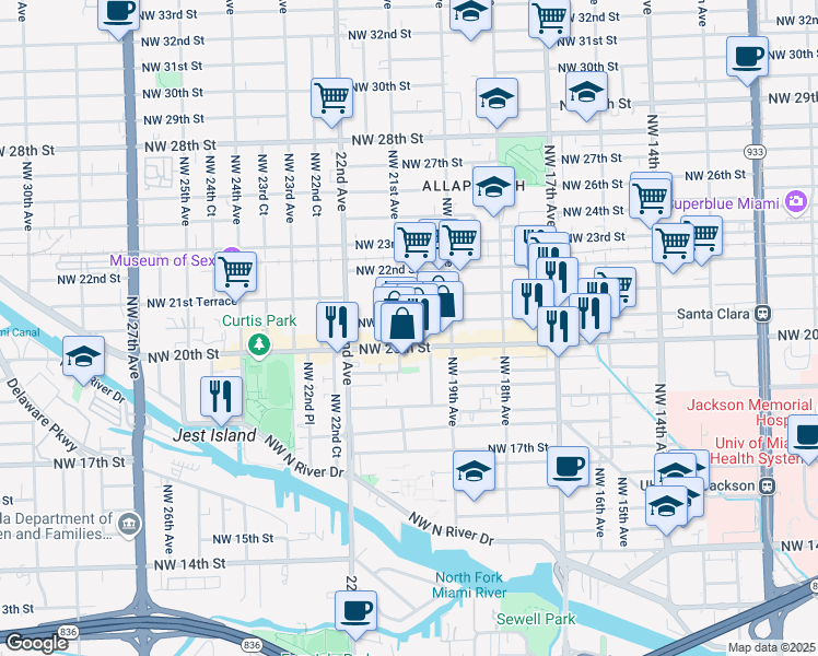 map of restaurants, bars, coffee shops, grocery stores, and more near 2080 Northwest 21st Street in Miami