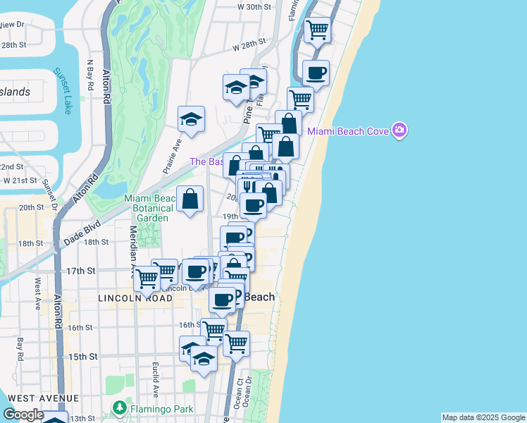 map of restaurants, bars, coffee shops, grocery stores, and more near 100 21st Street in Miami Beach