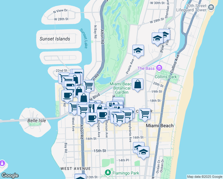 map of restaurants, bars, coffee shops, grocery stores, and more near 1920 Meridian Avenue in Miami Beach