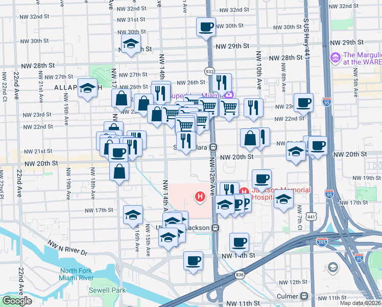map of restaurants, bars, coffee shops, grocery stores, and more near 1251 Northwest 13th Avenue in Miami