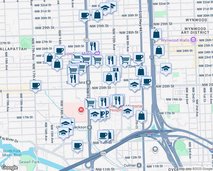 map of restaurants, bars, coffee shops, grocery stores, and more near 1069 Northwest 20th Street in Miami