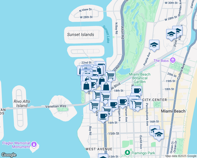 map of restaurants, bars, coffee shops, grocery stores, and more near 106 20th Street in Miami Beach