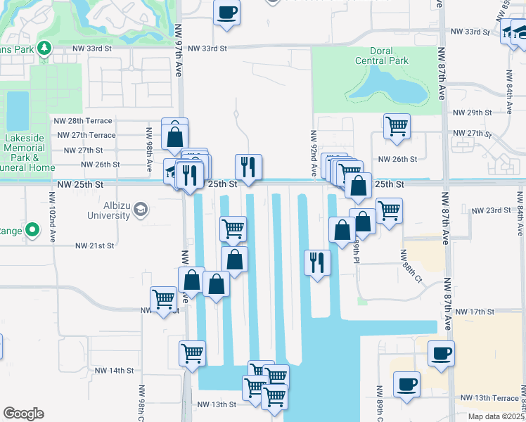 map of restaurants, bars, coffee shops, grocery stores, and more near 2333 Northwest 94th Avenue in Doral