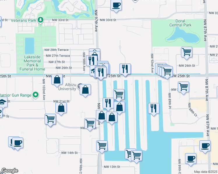 map of restaurants, bars, coffee shops, grocery stores, and more near 2370 Northwest 96th Avenue in Doral
