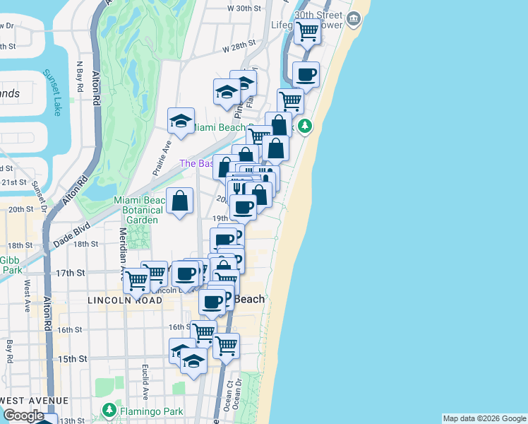 map of restaurants, bars, coffee shops, grocery stores, and more near 100 21st Street in Miami Beach
