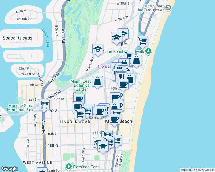 map of restaurants, bars, coffee shops, grocery stores, and more near 1935 Park Avenue in Miami Beach