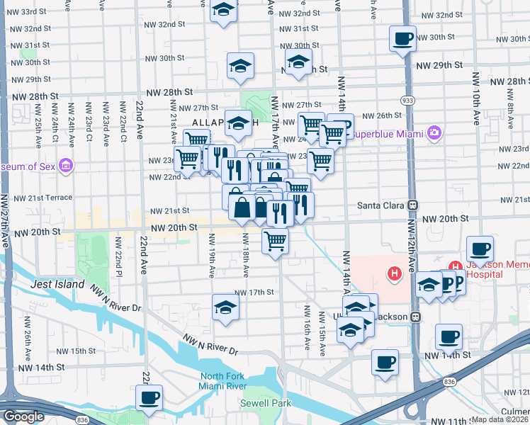 map of restaurants, bars, coffee shops, grocery stores, and more near 1740 Northwest 21st Street in Miami