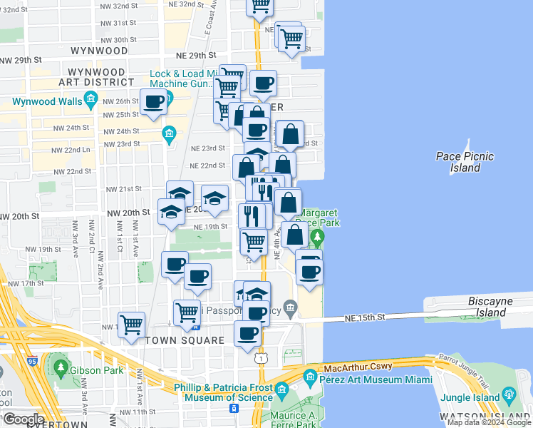 map of restaurants, bars, coffee shops, grocery stores, and more near 1999 Biscayne Boulevard in Miami