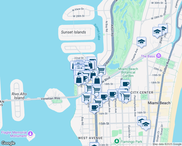 map of restaurants, bars, coffee shops, grocery stores, and more near 106 20th Street in Miami Beach