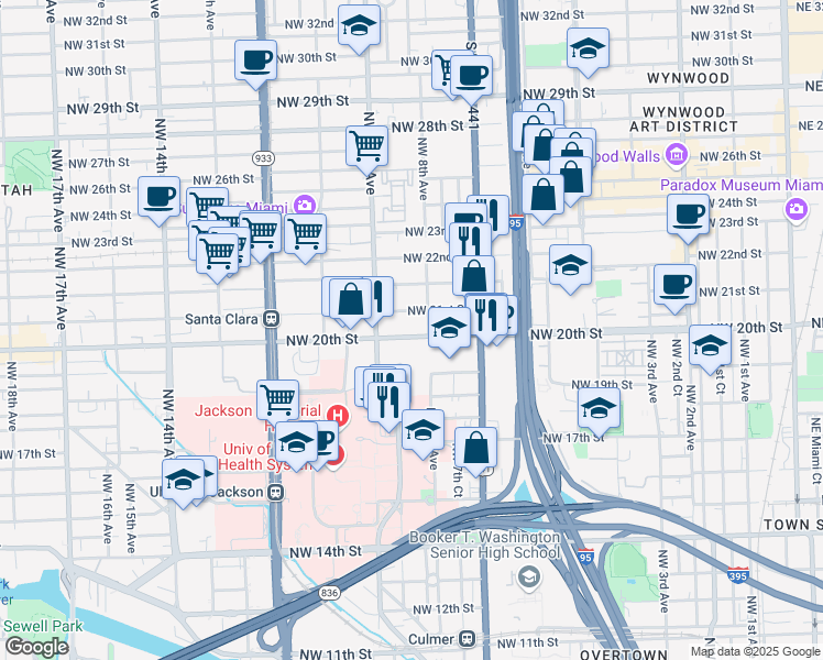 map of restaurants, bars, coffee shops, grocery stores, and more near 800 Northwest 21st Street in Miami