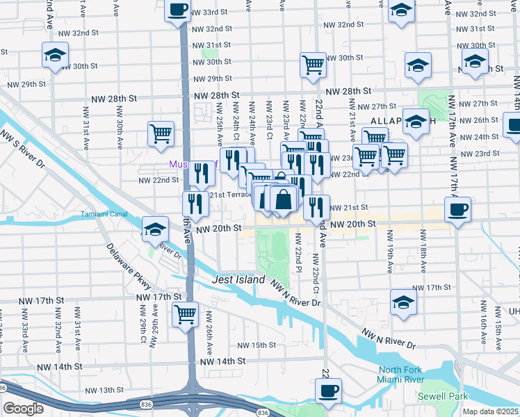 map of restaurants, bars, coffee shops, grocery stores, and more near 2090 Northwest 23rd Avenue in Miami