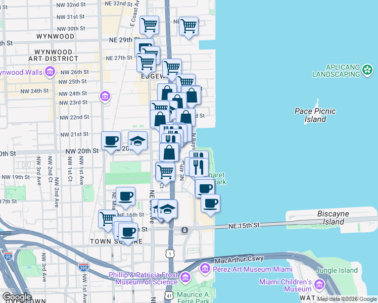 map of restaurants, bars, coffee shops, grocery stores, and more near 1803 North Bayshore Drive in Miami