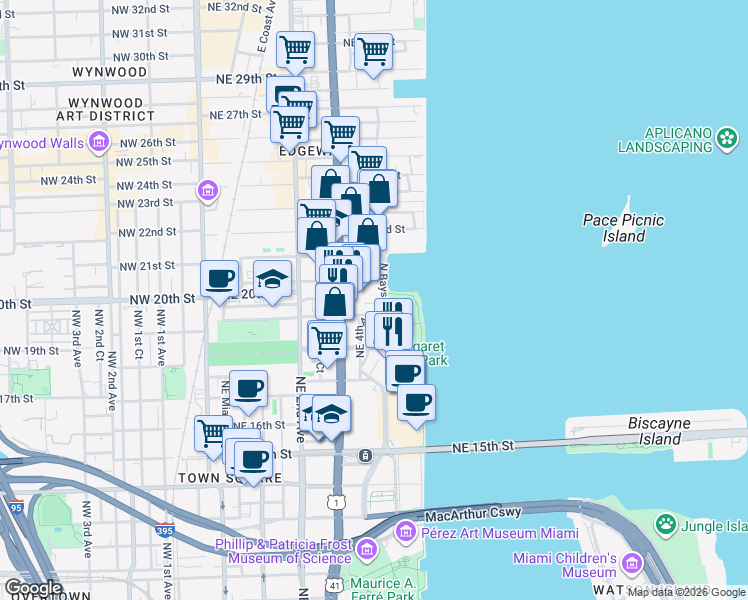 map of restaurants, bars, coffee shops, grocery stores, and more near 1803 North Bayshore Drive in Miami