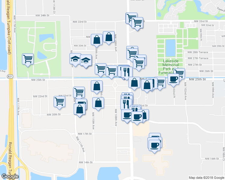 map of restaurants, bars, coffee shops, grocery stores, and more near 10805 Northwest 23rd Street in Miami