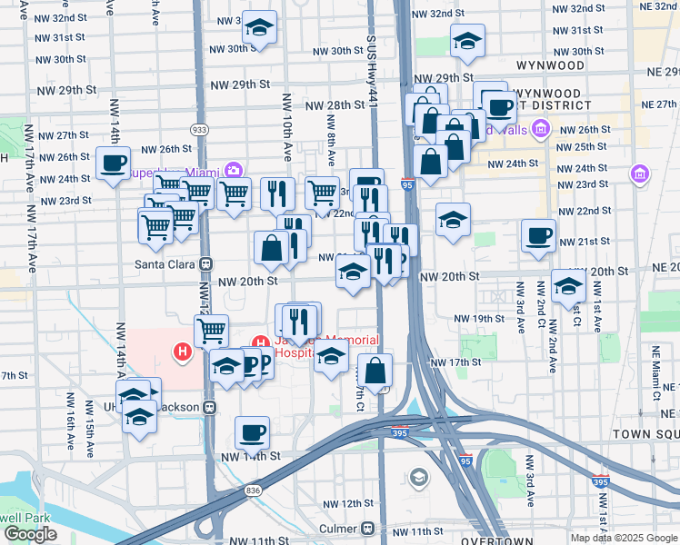 map of restaurants, bars, coffee shops, grocery stores, and more near 800 Northwest 21st Street in Miami