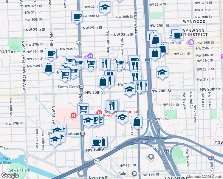 map of restaurants, bars, coffee shops, grocery stores, and more near 2005 Northwest 10th Avenue in Miami