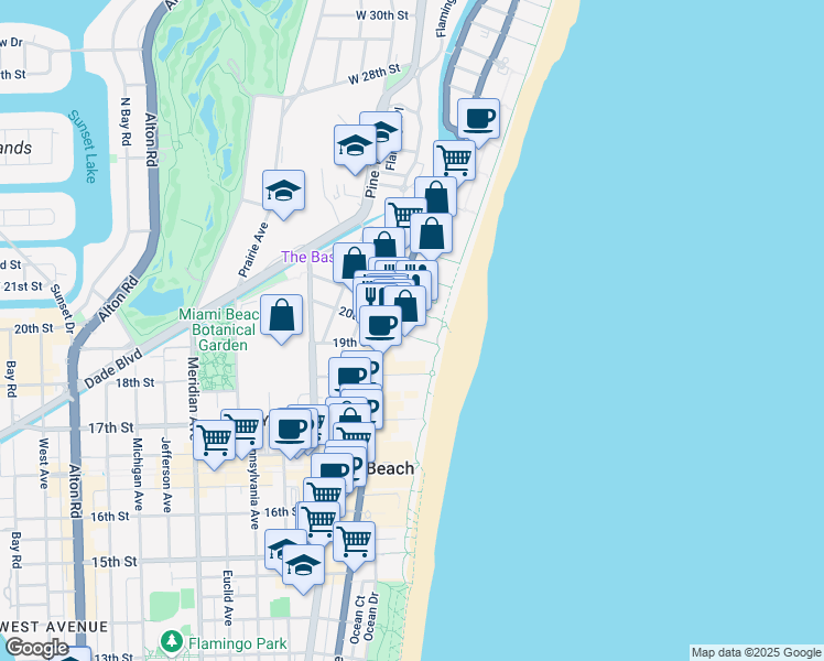 map of restaurants, bars, coffee shops, grocery stores, and more near 100 21st Street in Miami Beach
