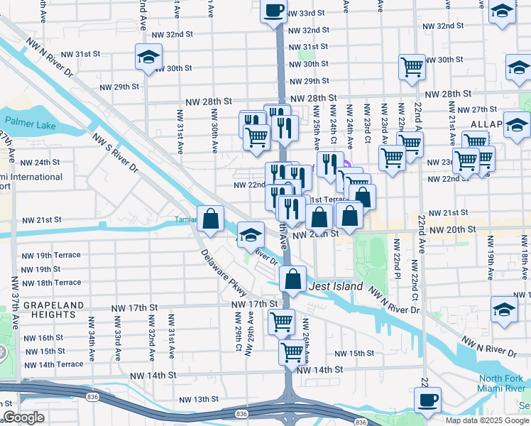 map of restaurants, bars, coffee shops, grocery stores, and more near 2745 Northwest 21st Street in Miami